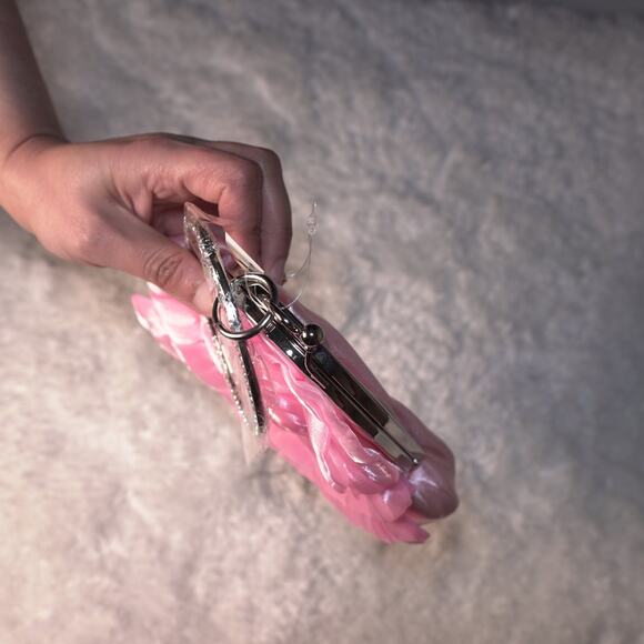 NWT Satin Rose Mini Evening Clutch Purse w/ Kiss Lock Handle Chain Barbie Pink - Picture 4 of 7